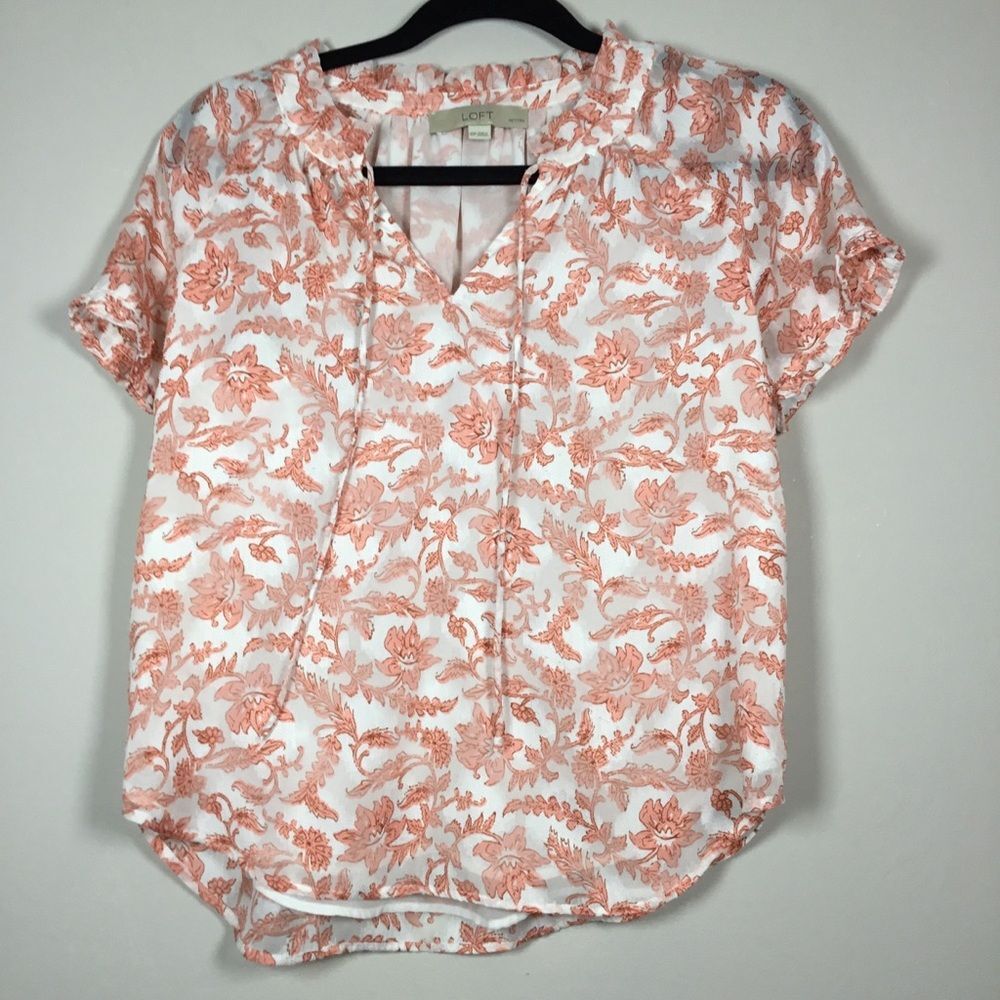 Sheer with lining peach and white flowery top ruffle collar tie front size SP